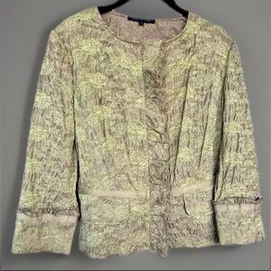 Vintage David Meister Long Sleeve Button Up Evening Jacket Tan/Olive Ruffles 8